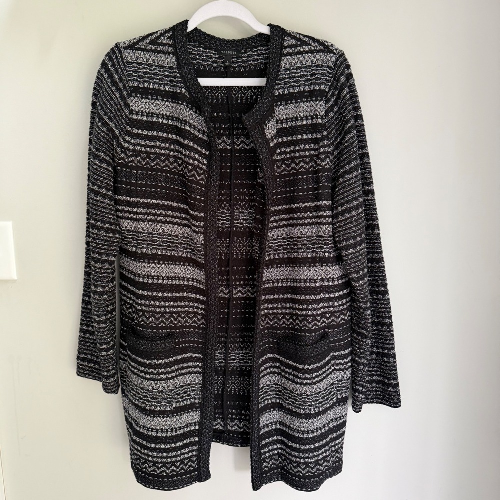 Talbots Cardigan Sweater Black Silver Metallic Stripe Open Front Long Line Large